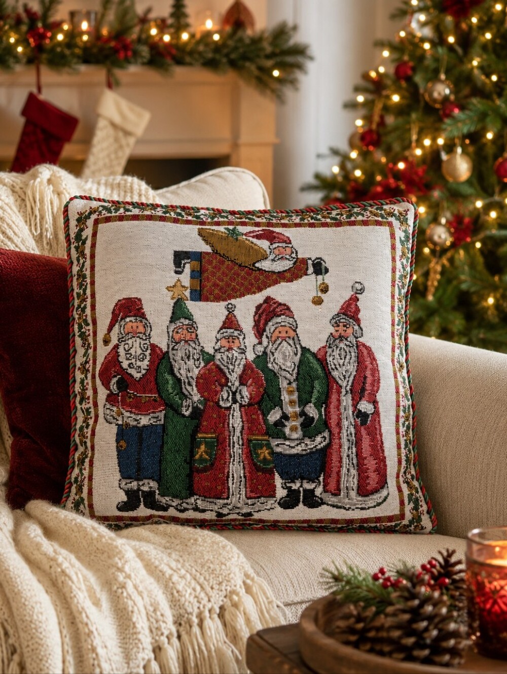 Vtg Jacquard Festive Holiday Tapestry Santa Claus Flying Angel Christmas Pillow